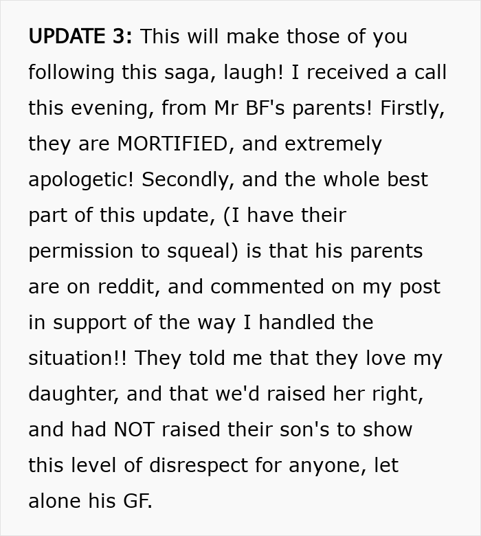 Text post update from Reddit about a guy wearing an inappropriate shirt as a dare to dinner with girlfriend's parents.