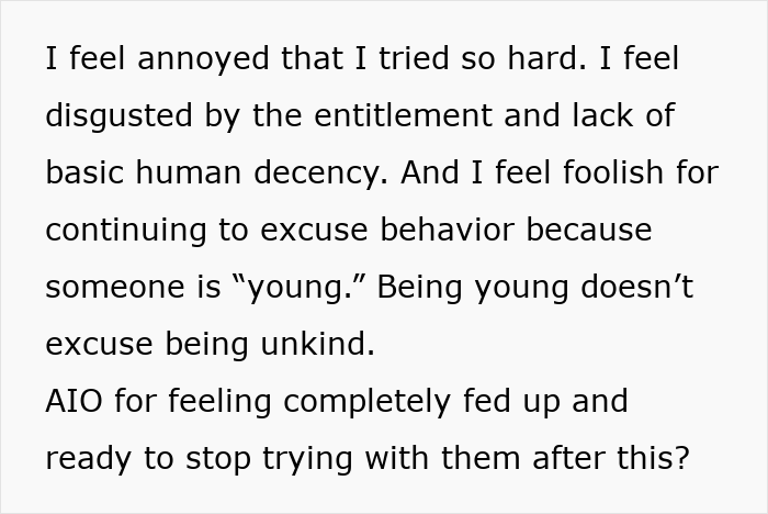 Alt text: Woman feels disgusted and fed up with boyfriendâs son and his girlfriend due to their entitlement and unkind behavior. Alt text: Woman feels disgusted and fed up with boyfriendâs son and his girlfriend due to their entitlement and unkind behavior.