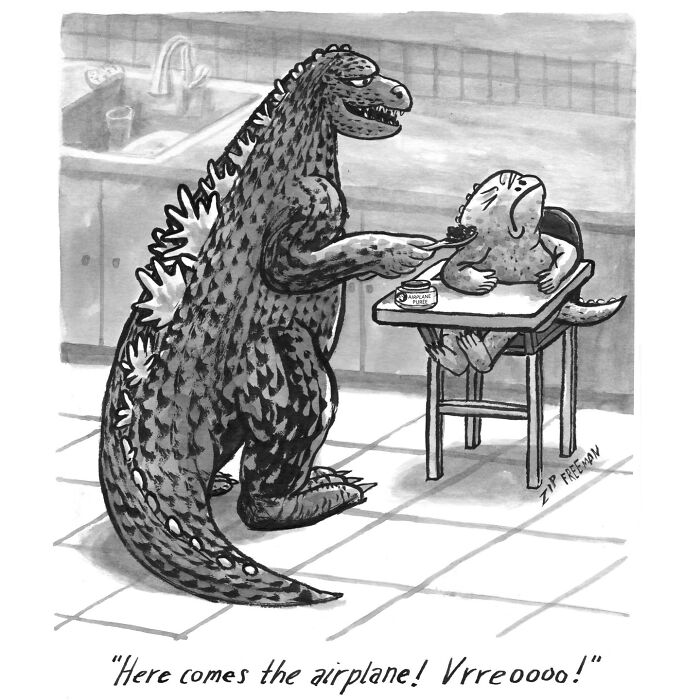 Comic of two dinosaurs in a kitchen, one feeding the other in a high chair, capturing relatable moments in modern life.