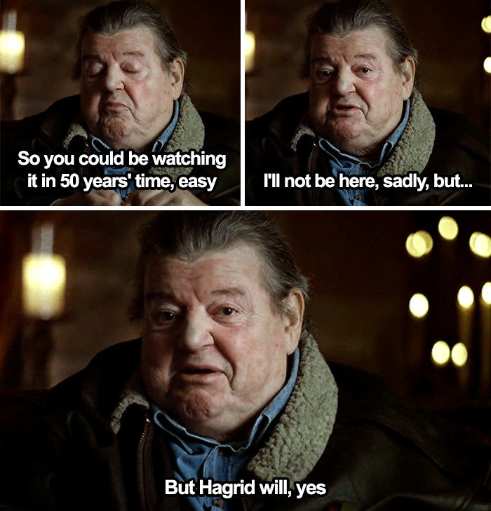 Three-panel meme of an elderly man joking about lasting 50 years, captioned But Hagrid will, aged like wine