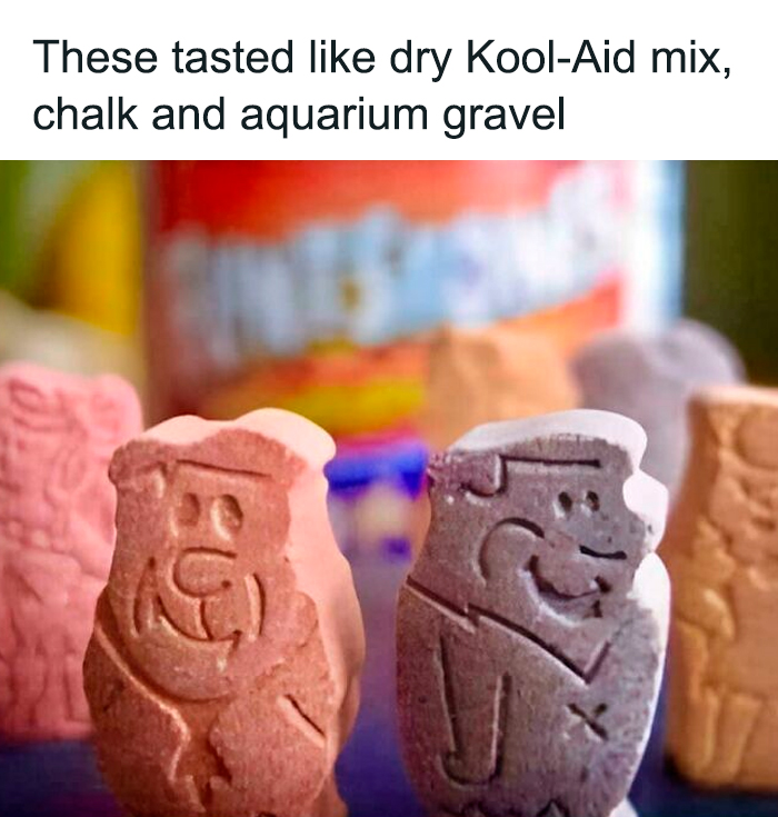 Flintstones vitamins shaped like characters, evoking nostalgia from seemed normal back in the day childhood memories.