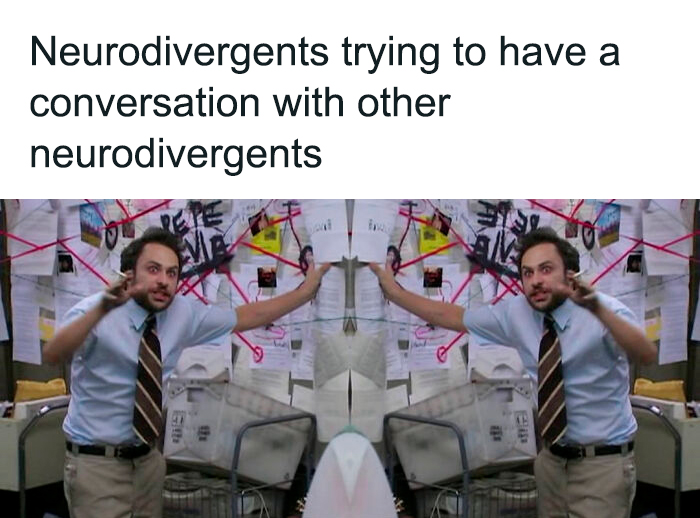 Man in office with chaotic string and paper board, illustrating life with a spicy, neurodivergent brain conversation.