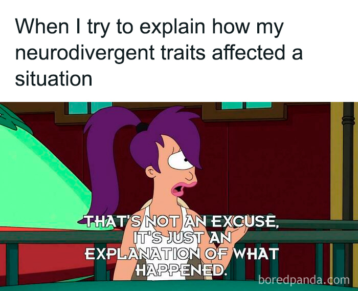Animated character explaining neurodivergent traits with caption about not making excuses but explaining what happened.