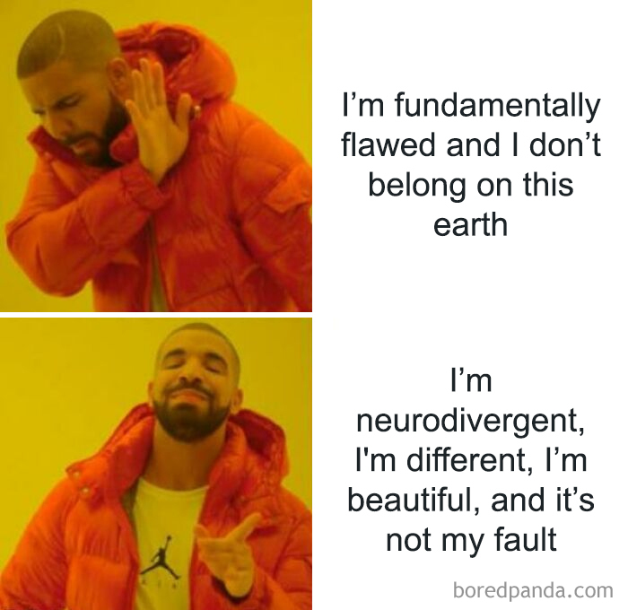Drake rejecting feeling flawed and not belonging, then embracing being neurodivergent, different, and beautiful with confidence.