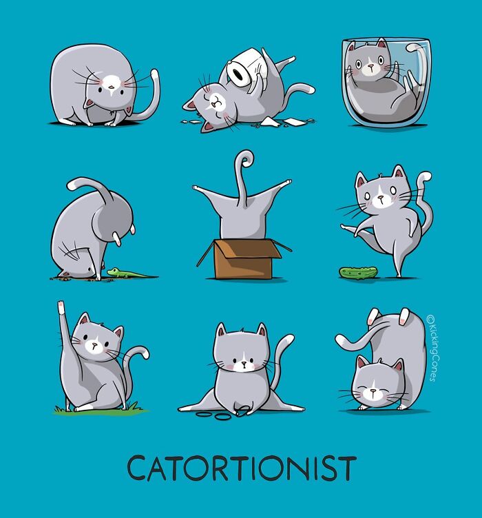 Nine playful cartoon cats in cute humorous poses illustrating wholesome wordplay with unexpected characters on blue background.