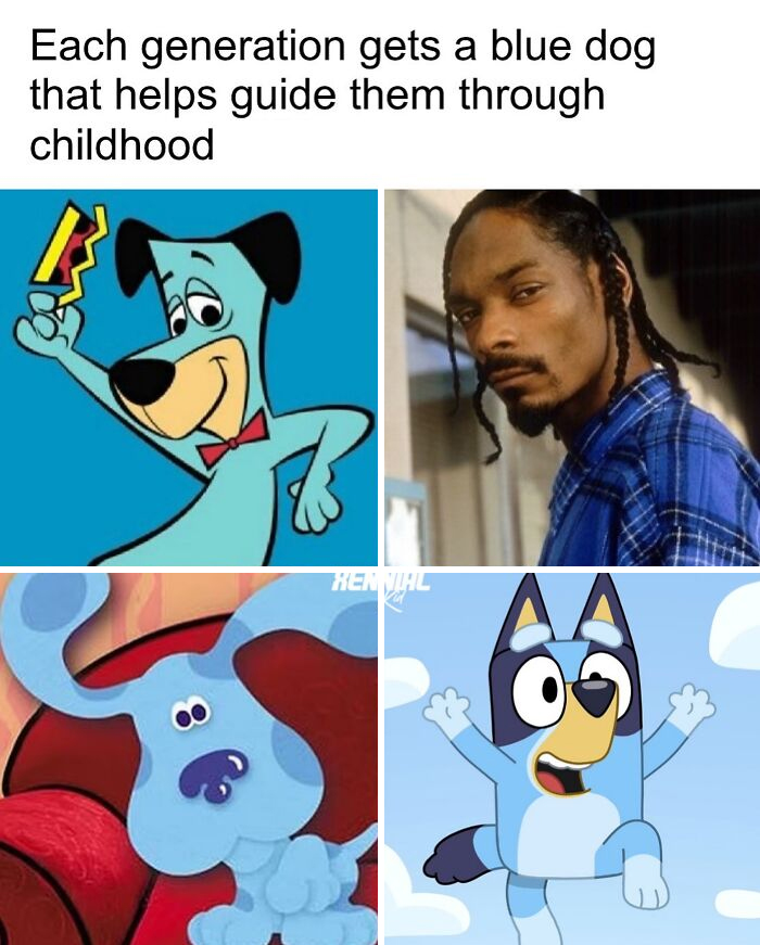 Collage of iconic blue dog characters and a person, evoking nostalgic memories for Xenials through childhood cartoons and culture.