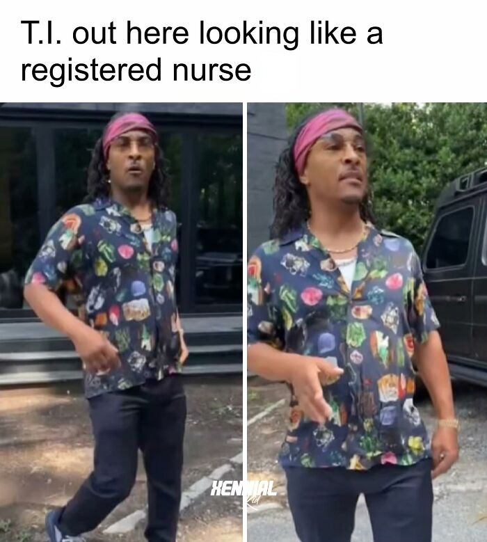 Man wearing a colorful patterned shirt and pink headband in two outdoor shots, evoking nostalgic vibes for Xenials.