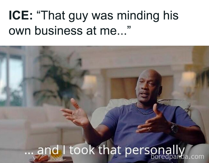 Man in a blue shirt gesturing while sharing a funny meme about taking things personally and lacking energy.