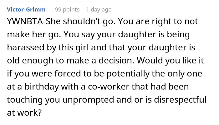 Reddit comment urging parent not to make daughter attend birthday everyone is skipping Reddit comment urging parent not to make daughter attend birthday everyone is skipping