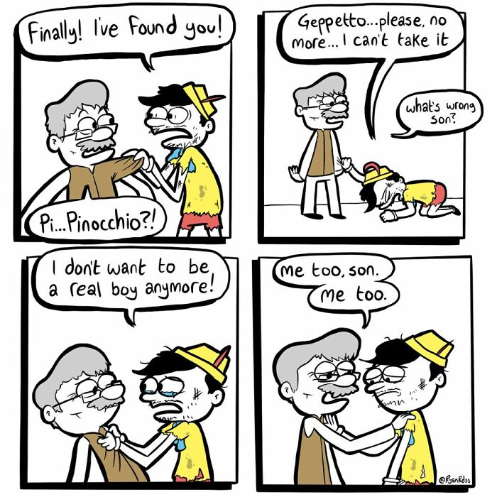 Comic artist’s dark, absurd punchline shows Pinocchio and Geppetto in a twisted, emotional moment with unexpected tone.