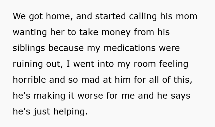 White panel with excerpt about being hurt as husband treats sick wife as a cash cow and takes her money