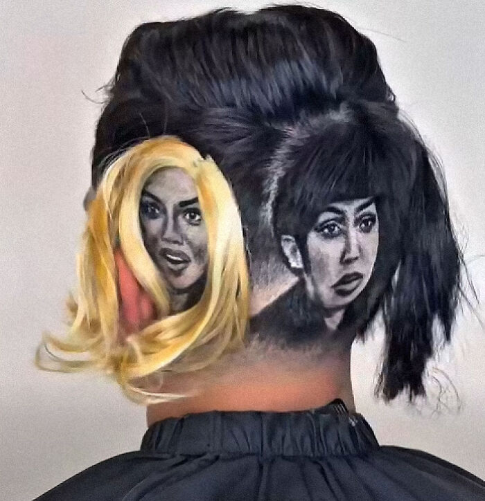 Hairstyle featuring detailed portraits and contrasting hair colors, showcasing one of the most disastrous hairstyles.