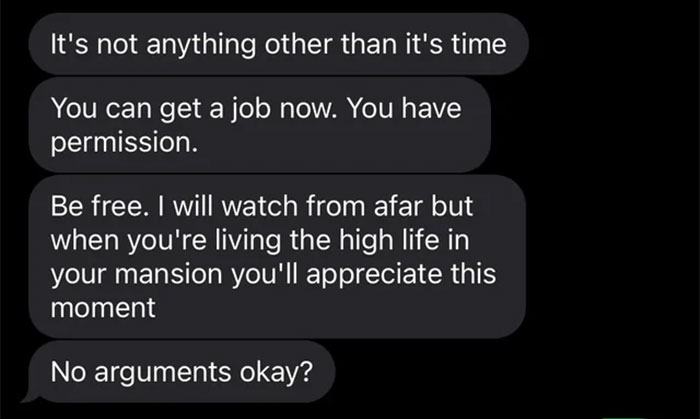 Text message exchange about giving permission and encouragement related to a mom throwing her child out on the street.