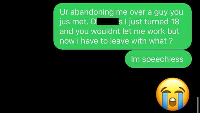 Text message exchange showing a child feeling abandoned by mom for a random guy with crying emoji expressing sadness. Text message exchange showing a child feeling abandoned by mom for a random guy with crying emoji expressing sadness.