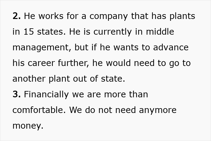 Text screenshot showing a discussion about a man’s career advancement requiring relocation to another state’s plant. Text screenshot showing a discussion about a man’s career advancement requiring relocation to another state’s plant.