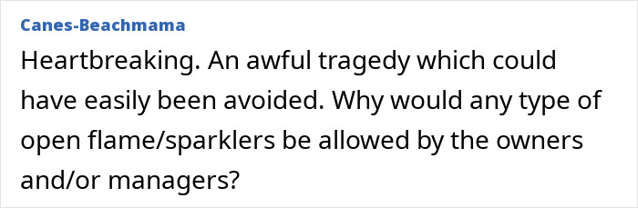 Comment expressing heartbreak and questioning the allowance of open flames or sparklers in relation to the Swiss resort blaze tragedy.