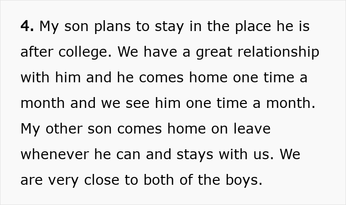 Text excerpt discussing family closeness and sons staying in place after college, reflecting a woman’s refusal to move again. Text excerpt discussing family closeness and sons staying in place after college, reflecting a woman’s refusal to move again.