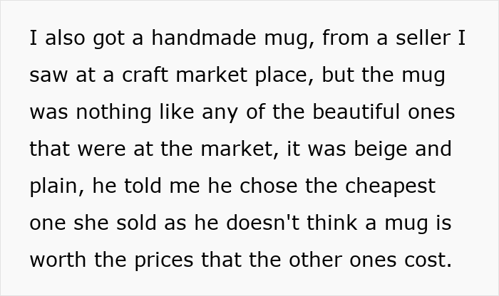 Text excerpt about a woman feeling bad for being ungrateful for cheap, plain handmade gifts from her husband.