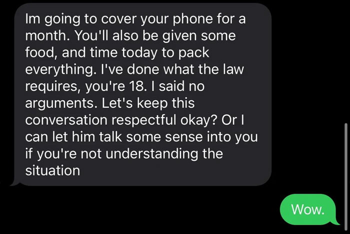 Text message conversation about covering a phone and legal requirements after throwing child out on the street. Text message conversation about covering a phone and legal requirements after throwing child out on the street.