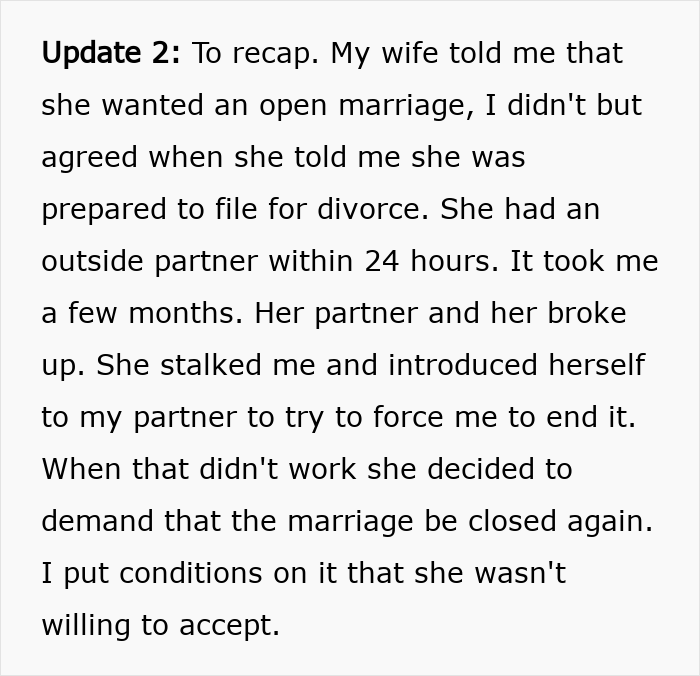 Text excerpt about a wife making husband agree to an open marriage to reconnect with her ex and its complications. Text excerpt about a wife making husband agree to an open marriage to reconnect with her ex and its complications.