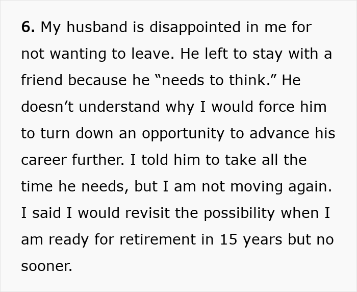 Text excerpt about a woman refusing to move again after decades relocating for husband's career, expressing firm decision. Text excerpt about a woman refusing to move again after decades relocating for husband's career, expressing firm decision.