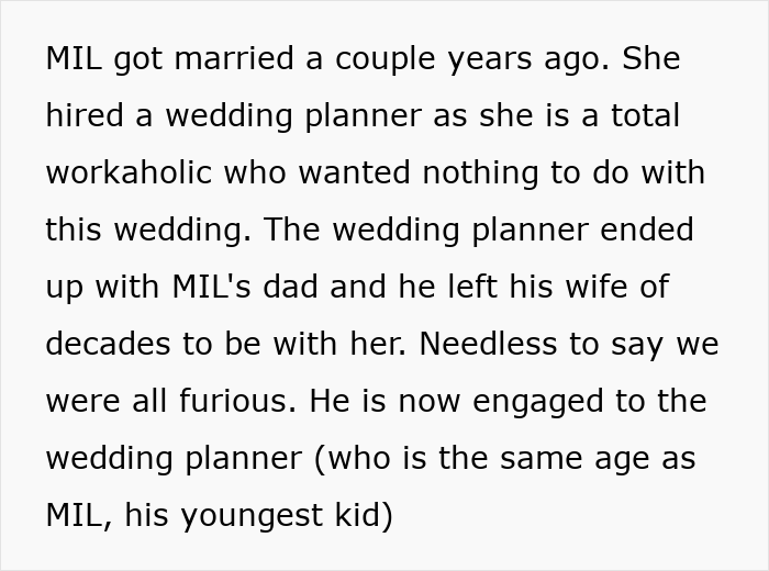 Text describing MIL admitting she paid wedding planner who slept with her dad, causing family conflict and demands for her removal.