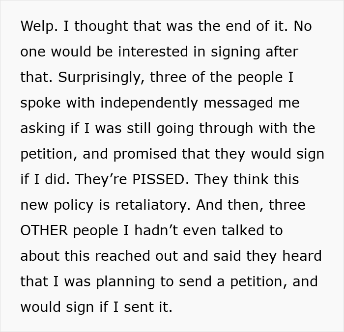 Text excerpt showing students expressing frustration over a professor enforcing a phone rule without warning and planning a petition.