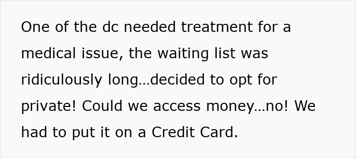 Text excerpt about mom upset with husband over secret funds for medical treatment, highlighting financial strain and credit card use.