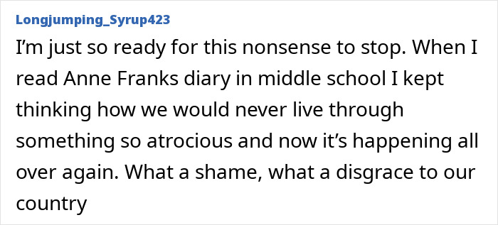 Comment expressing frustration about government neglect and repeating historical atrocities, mentioning Anne Frank’s diary.