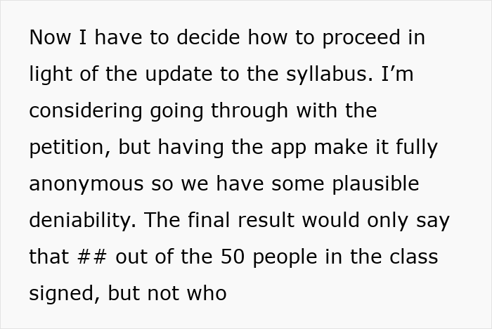 Text discussing students pushing back after professor enforces phone rule without warning, affecting class performance.