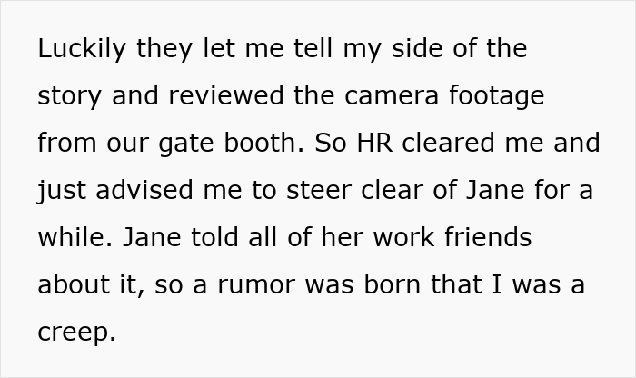 Alt text: Text describing a man cleared by HR after a coworker spread rumors calling him a creep at work.