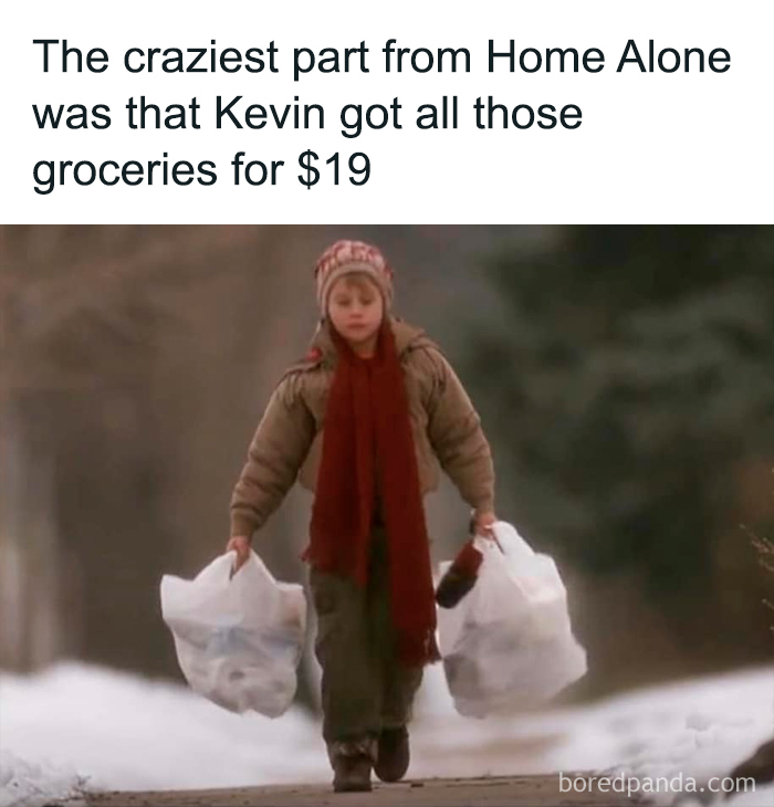Aged like wine meme: young boy carrying grocery bags across a snowy street, nostalgic Home Alone moment
