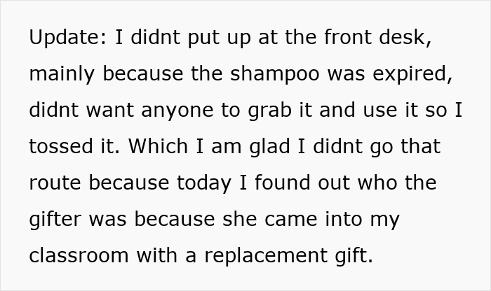 Text update explaining a daycare worker&rsquo;s discovery about a coworker&rsquo;s replacement gift after suspecting a passive-aggressive present.