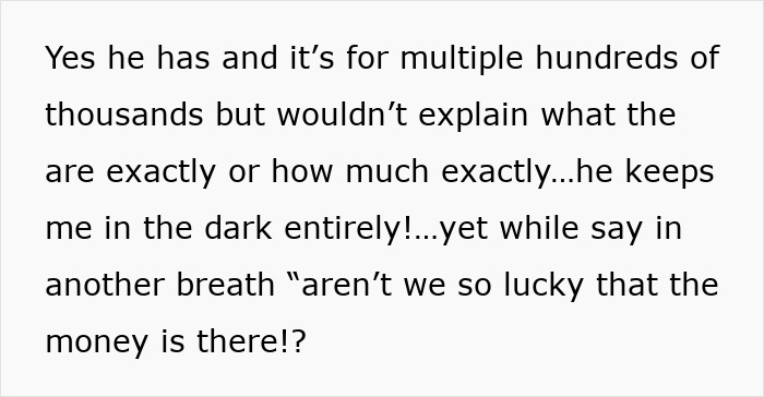 Text excerpt showing a mom upset with her husband for keeping secret funds and not explaining the details.