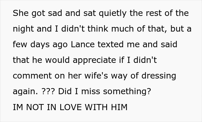 Text message about a woman&rsquo;s way of dressing causing tension and a husband asking not to comment on it again.