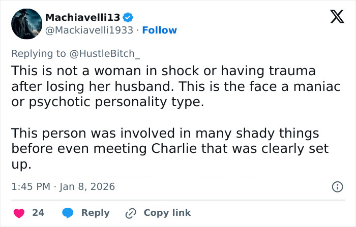 Tweet by user Machiavelli13 discussing Erika Kirk photo before Charlie's assassination and her makeup transformation reaction.