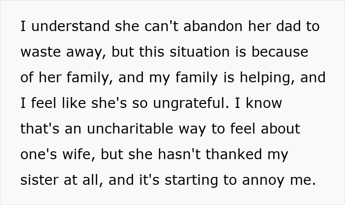 Text showing a husband annoyed by his wife complaining about her sister-in-law despite staying with her for free.