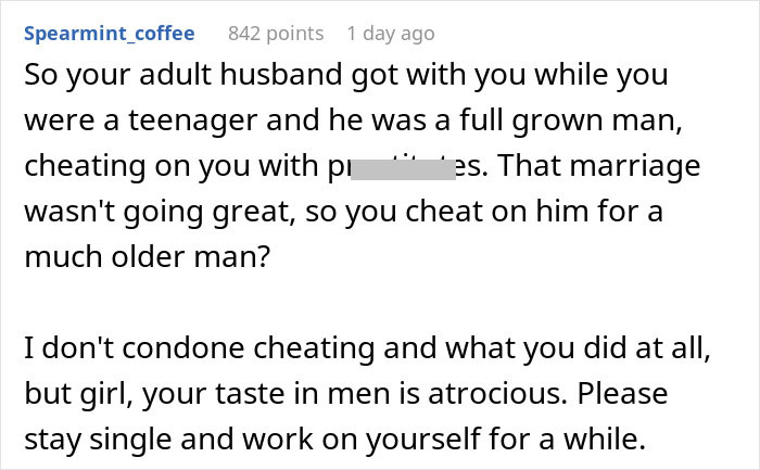Screenshot of a Reddit comment discussing karma and cheating in a complicated relationship situation.