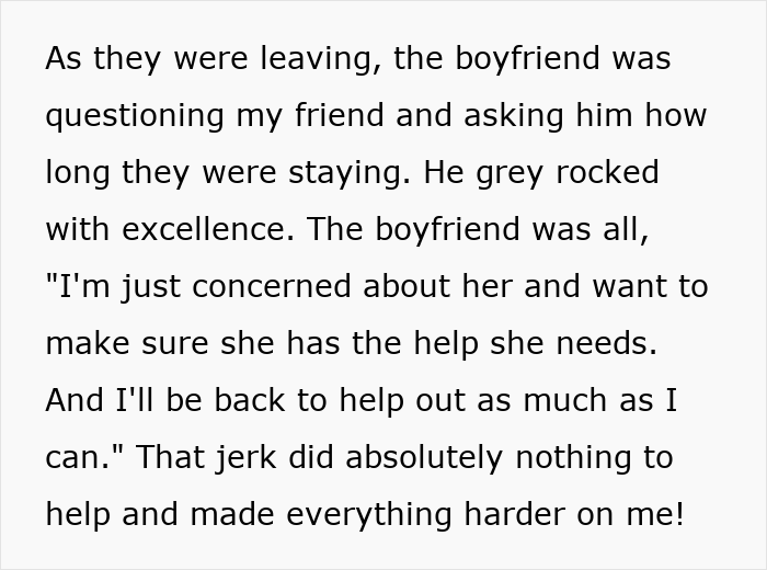 Text excerpt describing a woman letting a friend stay during surgery recovery, facing a filthy house and a car driven 1,100 miles.