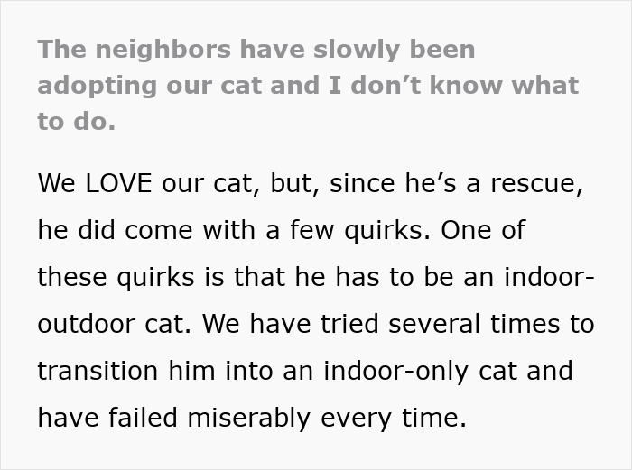 Text excerpt about a person's cat that disappears for days because the neighbor has been adopting him without permission.