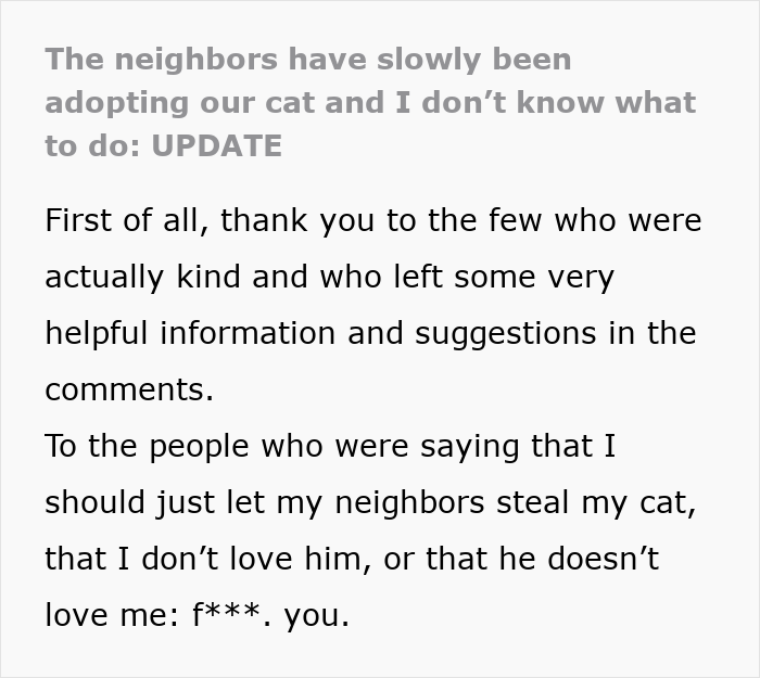 Text from a person explaining how their neighbors have been adopting their cat without permission and sharing their frustration.