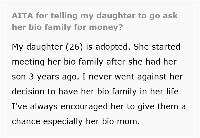 Screenshot of AITA post about adopted daughter told to ask bio family for money, selfish lady ignores adopted fam