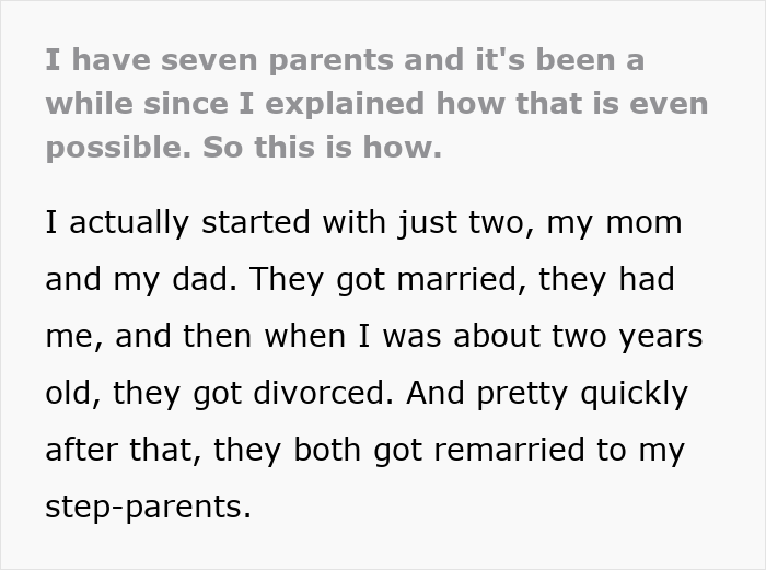 Text excerpt explaining how a woman has seven parents, sharing her story that baffles people online.