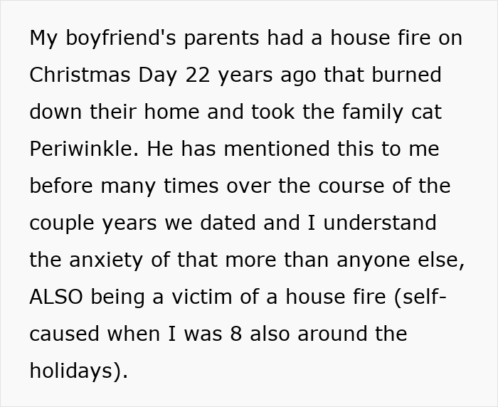 Text describing a woman caught in her boyfriend&rsquo;s family&rsquo;s traumatizing Christmas tradition triggering childhood trauma involving house fire anxiety.