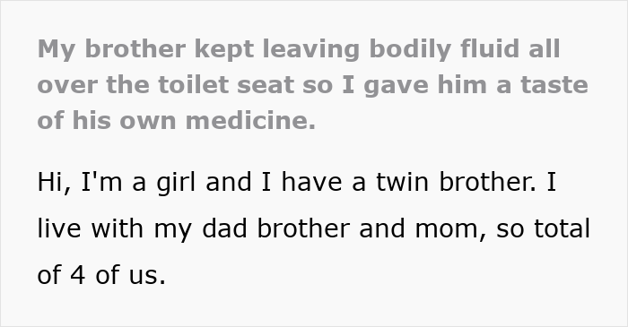 Alt text: Sister disgusted by brother leaving stains on toilet seat shames him publicly to stop the habit.