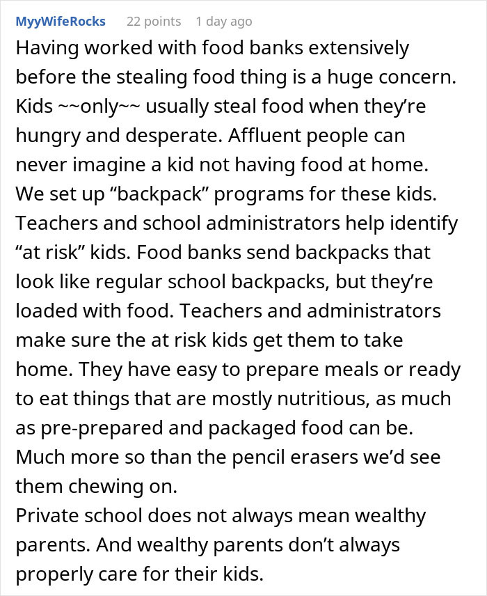 Reddit comment screenshot about food banks and backpack programs, parent torn daughter birthday dilemma Reddit comment screenshot about food banks and backpack programs, parent torn daughter birthday dilemma