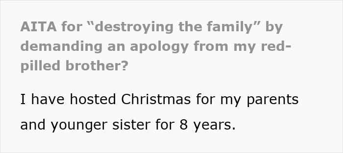 Text excerpt from a family drama post showing a woman appalled by her mom who enables chauvinist brother and gaslights her instead. Text excerpt from a family drama post showing a woman appalled by her mom who enables chauvinist brother and gaslights her instead.