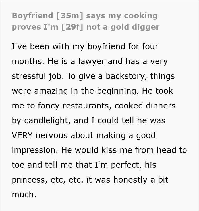 Woman sharing her story about boyfriend fears golddiggers, saying cooking proves she&rsquo;s not one in a relationship context.
