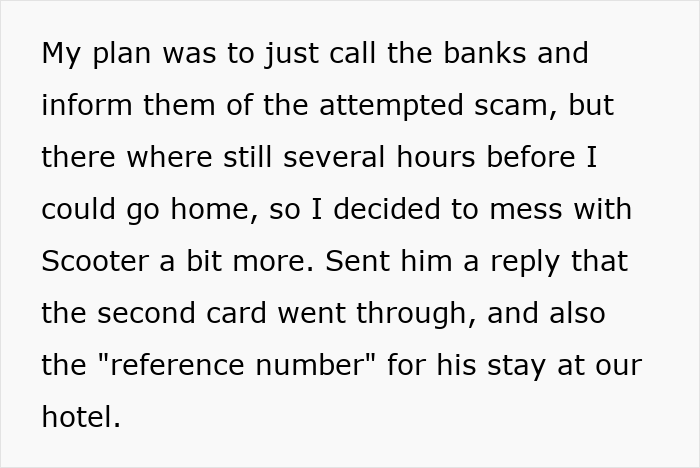 Text excerpt describing a hotel receptionist cleverly messing with a scammer involved in $2k laundering attempt. Text excerpt describing a hotel receptionist cleverly messing with a scammer involved in $2k laundering attempt.