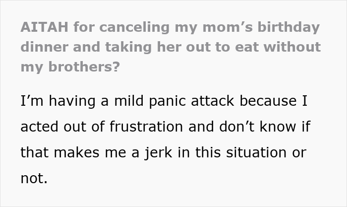 Text post about a sister taking her mom out for dinner without brothers, who were too broke to pitch in. Text post about a sister taking her mom out for dinner without brothers, who were too broke to pitch in.